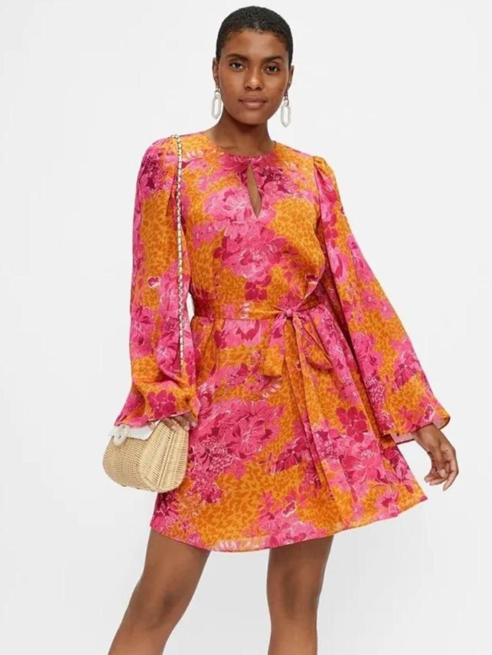 Ted Baker Pink & Orange Floral Tie-Waist Long Sleeve Dress